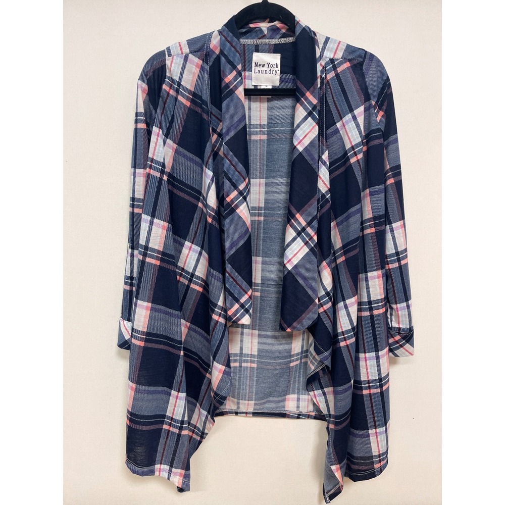 New York Laundry Navy Blue Plaid Open Front Waterfall Cardigan Size M